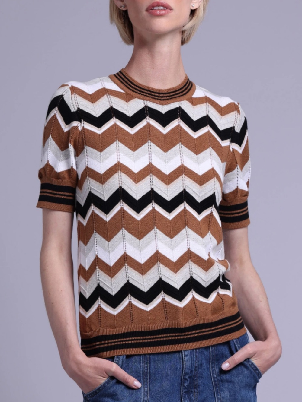 Minnie Rose Chevron Short-Sleeve Crew - Neutral/Multi
